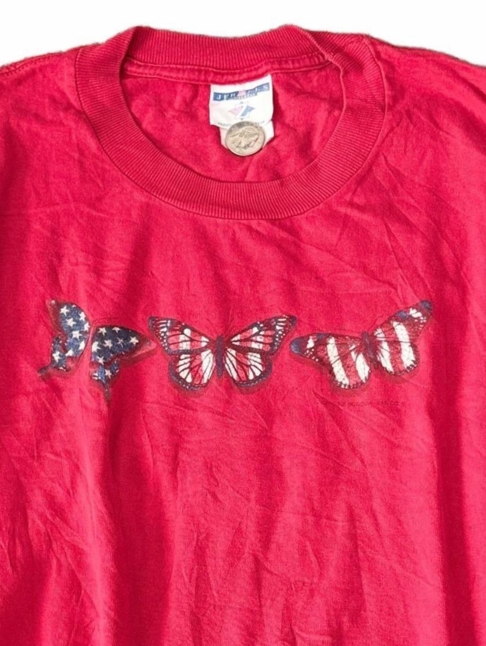 Vintage Single Stitch XL Red American Flag Butterfly Graphic T-Shirt Jerzees